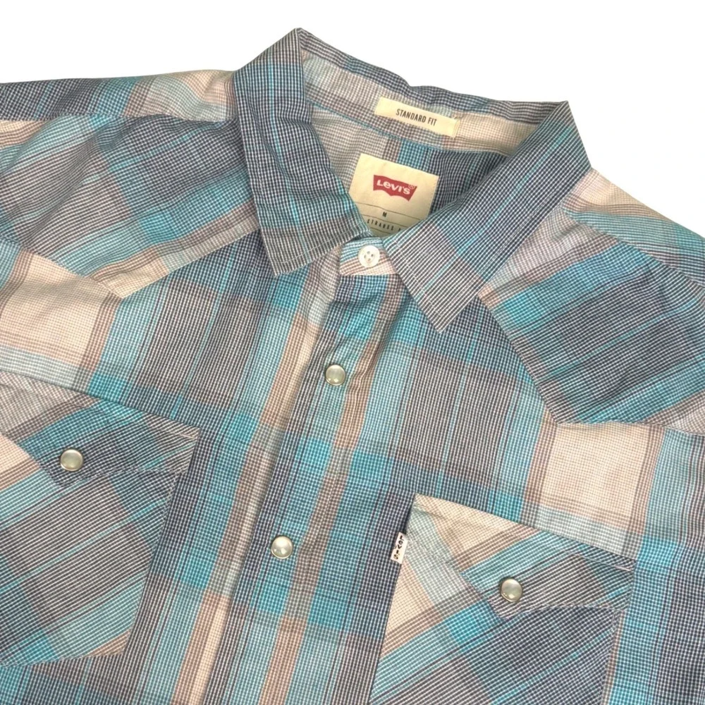 Levis Mens M Shirt Blue Grey Western‎ Plaid Short Sleeve Pearl Snap